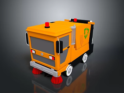 Yellow Street Sweeper Truck with Red Warning Lights Red Brushes and Green Recycling Logo 3d model