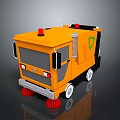 Yellow Street Sweeper Truck with Red Warning Lights Red Brushes and Green Recycling Logo