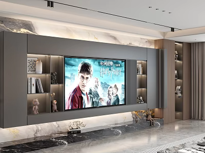 Modern Living Dining Room Interior With Marble TV Wall Bookshelves And Decorations 3d model