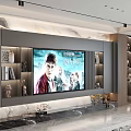 Modern Living Dining Room Interior With Marble TV Wall Bookshelves And Decorations
