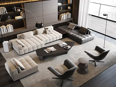 Modern Living Room Sofa Coffee Table Set With Bookshelves Floor Lamp And Armchairs 3d model