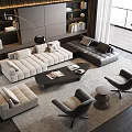 Modern Living Room Sofa Coffee Table Set With Bookshelves Floor Lamp And Armchairs