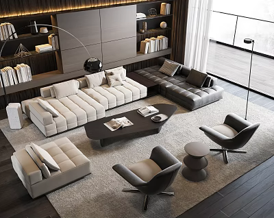 Modern Living Room Sofa Coffee Table Set With Bookshelves Floor Lamp And Armchairs 3d model