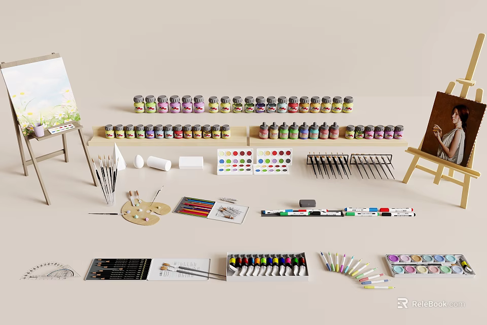 Art Supplies Collection With Easels Paint Cans Palettes Brushes And Colorful Paint Sets 3d model 