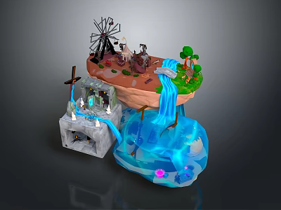 Whimsical Miniature Landscape With Cliff Waterfall Blue Water Windmill And Small Trees 3d model
