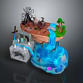 Whimsical Miniature Landscape With Cliff Waterfall Blue Water Windmill And Small Trees