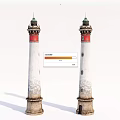 Two White Lighthouses With Red Accents Green Tops And Stone Bases