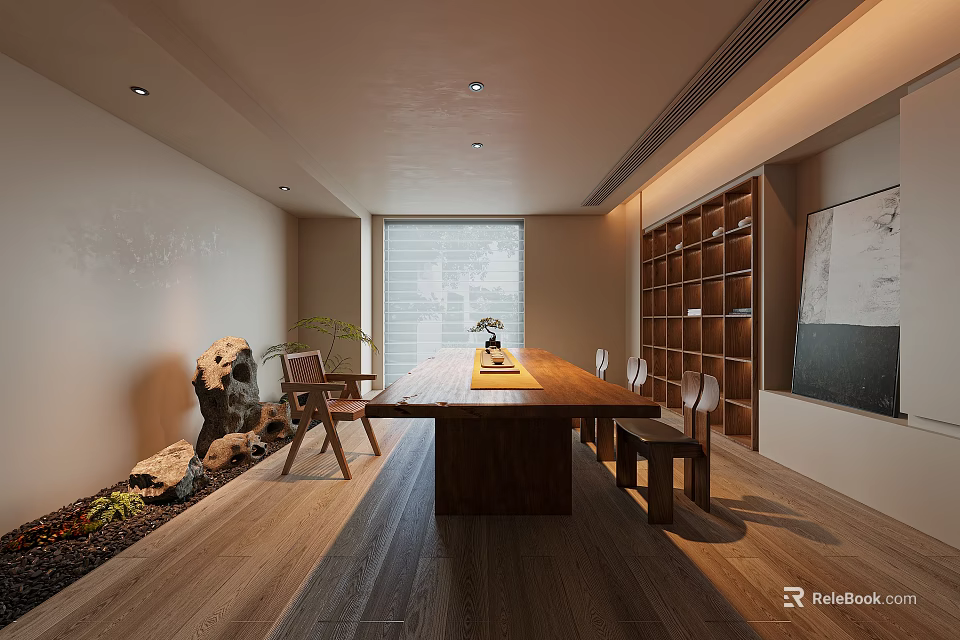 Traditional Style Tea Room Interior With Wooden Table Chairs And Rockery 3d model 