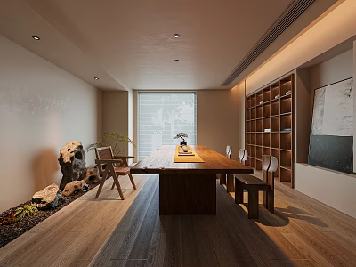Traditional Style Tea Room Interior With Wooden Table Chairs And Rockery 3d model