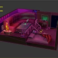 Cartoon Scene Of Pink Lit Room With Sofa Laptop Table Console Steps And Rug