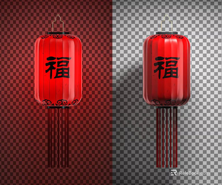 Red Chinese Lantern with Traditional Fu Character and Hanging Tassels Design 3d model 