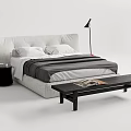 Modern Double Bed With Striped Bedspread Pillows Wooden Bench Nightstands And Table Lamps