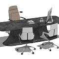 Modern Office Desk With Black Surface Computer Notebook Cup And Three Chairs 3d model
