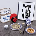 Traditional Chinese Snacks Display with Nuts Peanuts Ceramic Containers and Calligraphy Art 3d model
