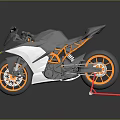 Modern Sport Motorcycle With White Black Body Orange Wheels And Red Stand On Reflective Surface