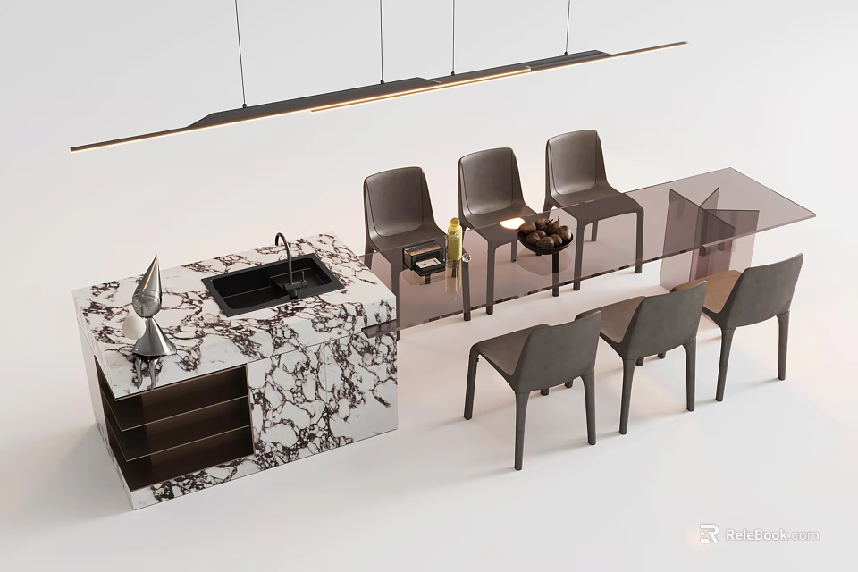 Modern Table and Chairs Set with Transparent Dining Table Grey Chairs and Marble Island 3d model 