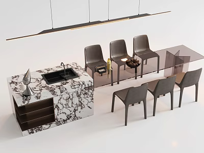 Modern Table and Chairs Set with Transparent Dining Table Grey Chairs and Marble Island 3d model