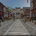 Ancient Architecture Historic Street Scene With Stone Pavement Archway Pedestrians And Horse-Drawn Carts