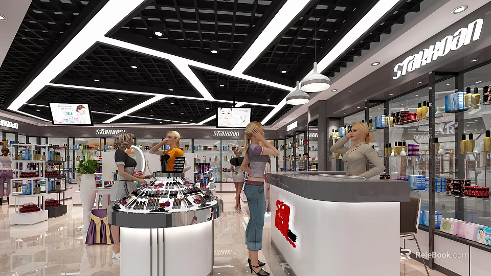 Cosmetics Store Interior With Display Counters Shelves And Beauty Products For Customers 3d model 