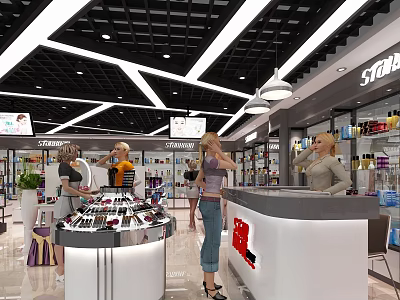 Cosmetics Store Interior With Display Counters Shelves And Beauty Products For Customers 3d model