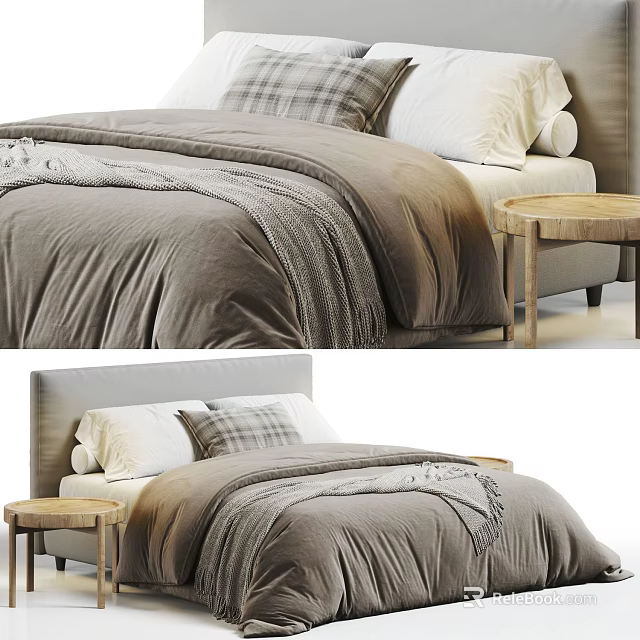 Cozy Double Bed With Gray Bedding Simple Headboard Wooden Nightstand And Pillows 3d model 