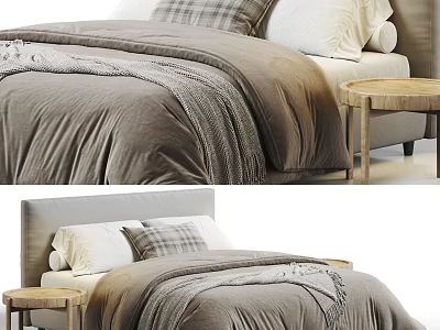 Cozy Double Bed With Gray Bedding Simple Headboard Wooden Nightstand And Pillows 3d model