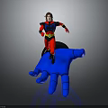 Animated Character In Red And Blue Costume Standing On Giant Blue Hand