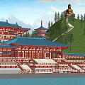 Ancient Chinese Architecture With Traditional Blue Roof Red Pillars And Mountain Water Scenery