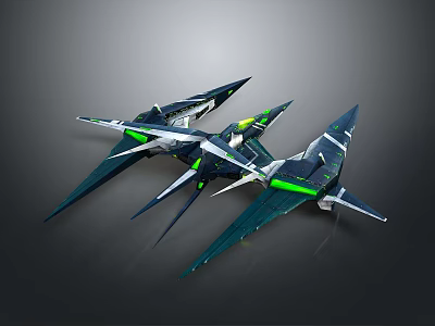 Space And Aerospace Dark Colored Spaceships With Green Lines In Flying Formation 3d model