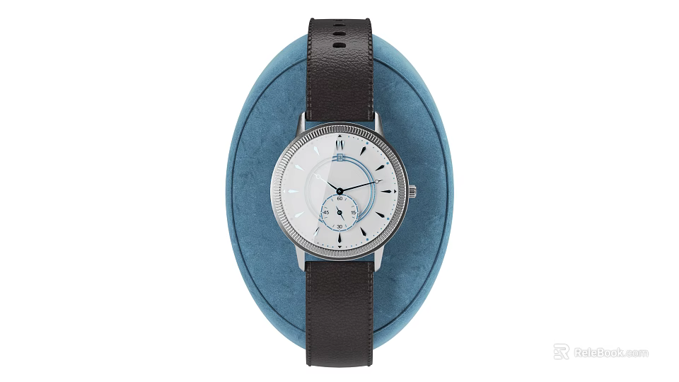 Elegant Minimalist Watch With White Dial Black Leather Strap And Silver Bezel On Blue Cushion 3d model 