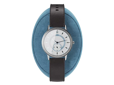 Elegant Minimalist Watch With White Dial Black Leather Strap And Silver Bezel On Blue Cushion 3d model