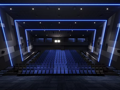 Modern Cinema Interior Design With Blue Seats Dark Walls And LED Strip Lighting 3d model