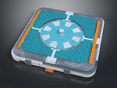 Panel Structure With Blue Grid Surface Circular Center Small Tower White Squares And Orange Edges 3d model