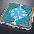 Panel Structure With Blue Grid Surface Circular Center Small Tower White Squares And Orange Edges 3d model