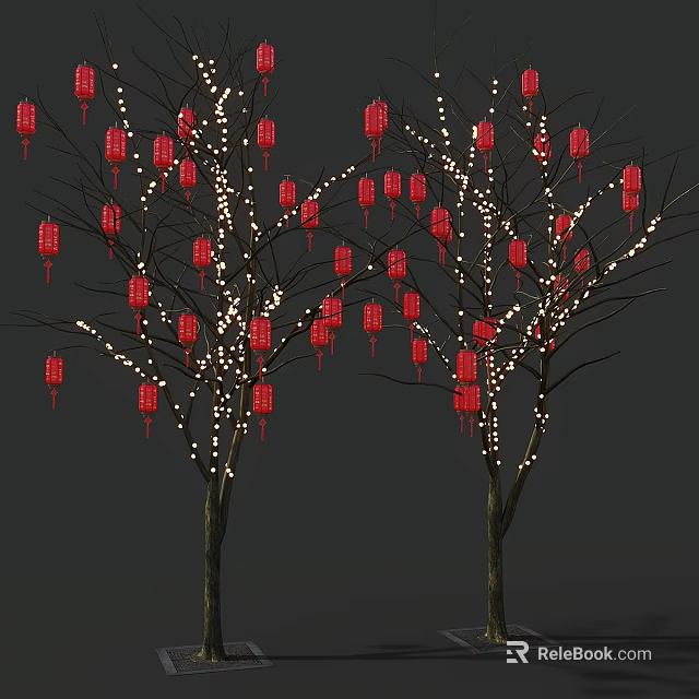 Red Lanterns Hanging On Trees With White String Lights Against Gray Background 3d model 