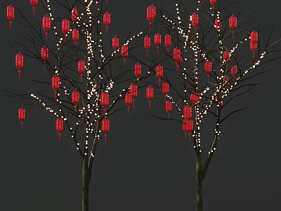 Red Lanterns Hanging On Trees With White String Lights Against Gray Background 3d model