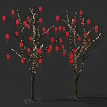 Red Lanterns Hanging On Trees With White String Lights Against Gray Background 3d model