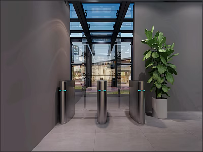 Modern Elevator Hallway With Glass Skylight Access Gates Green Plant And Gray Walls 3d model