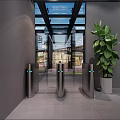 Modern Elevator Hallway With Glass Skylight Access Gates Green Plant And Gray Walls