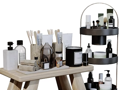 Stylish Modern Bathroom Set With Storage Rack Bottles Jars Brushes And Towels 3d model