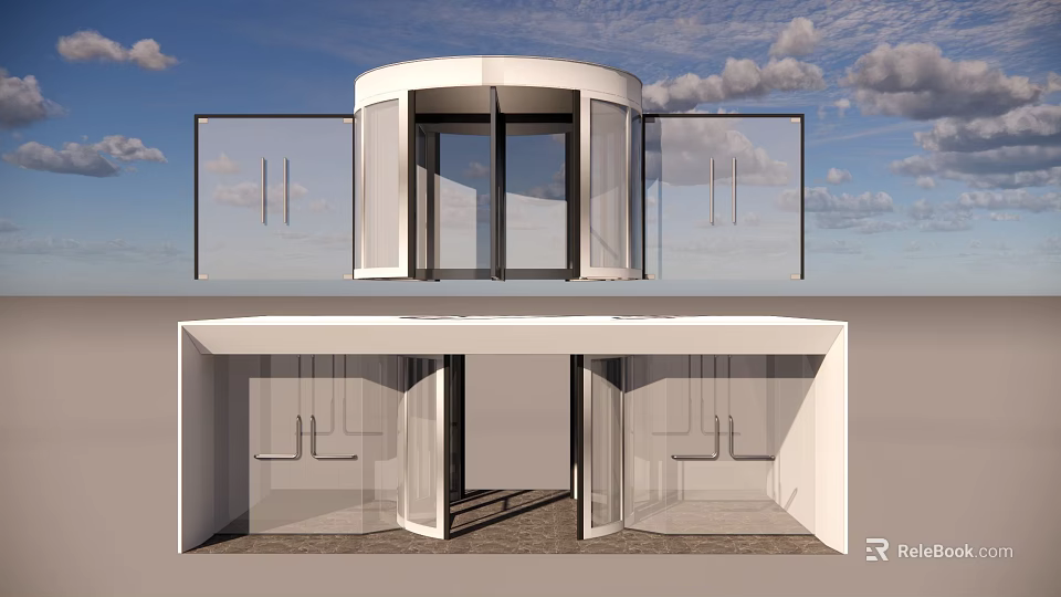 Modern White Circular Top Glass Entrance Door With Transparent Side Panels And Sky View 3d model 