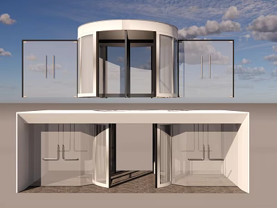Modern White Circular Top Glass Entrance Door With Transparent Side Panels And Sky View 3d model