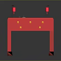 Red Console Table With Golden Handle Drawers And Table Lamps