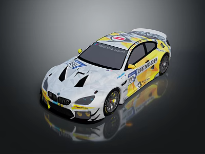 BMW Racing Car With Yellow White Livery Aerodynamic Body And Rear Spoiler 3d model