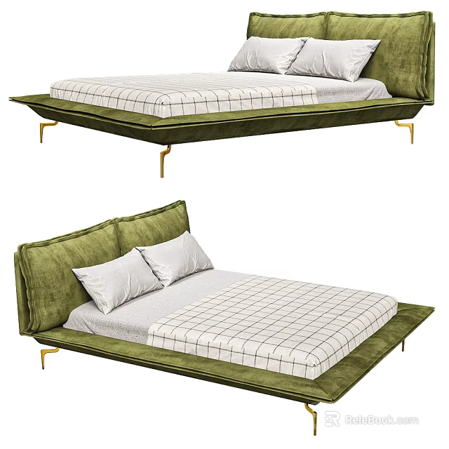 Modern Green Upholstered Double Bed With Golden Legs White Checkered Mattress And Pillows 3d model 