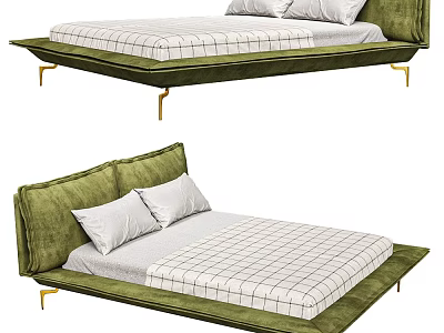 Modern Green Upholstered Double Bed With Golden Legs White Checkered Mattress And Pillows 3d model