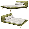 Modern Green Upholstered Double Bed With Golden Legs White Checkered Mattress And Pillows
