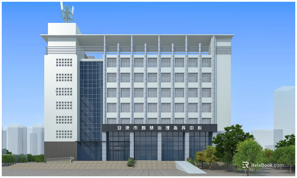 Modern Multi Storey Office Building Exterior With Glass Curtain Wall White Facade And Trees 3d model 