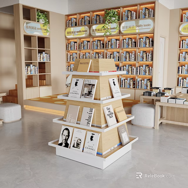Book Art Display with Multi Layer Pyramid Shelf and Books in Bright Tidy Space with Green Plants 3d model 