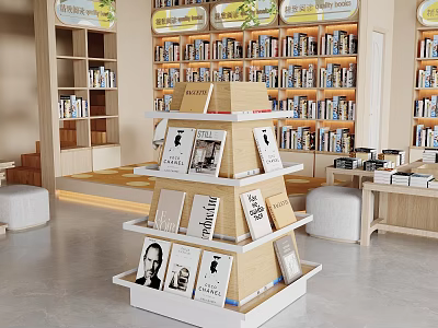 Book Art Display with Multi Layer Pyramid Shelf and Books in Bright Tidy Space with Green Plants 3d model